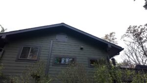 A photo of a newly remodeled home showcasing a roof edge and dark siding.