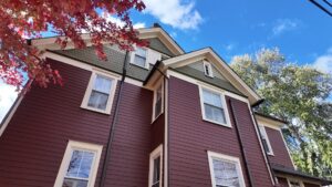 Red house with blue sky, autumn leaves