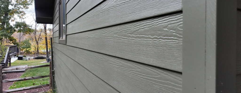 Textured exterior house wall with trees in background.
